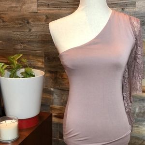 Bebe One Shoulder Lace Sleeve Top